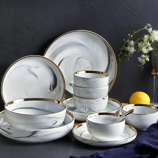 Vaisselle en céramique porcelaine tendre marbré de bonne qualité assiette bol plat saladier cuillère pot